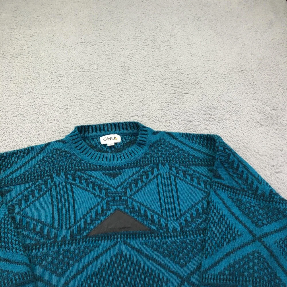 Vintage Chia Sweater Mens XL Blue Geometric Knit Crewneck Pullover Abstract
